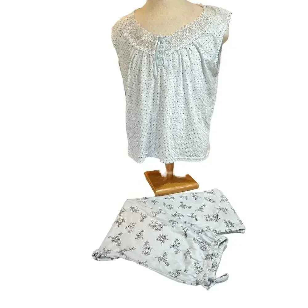PINK LABEL pajamas sleeveless capri set roses with lace edging PLUS size 1X